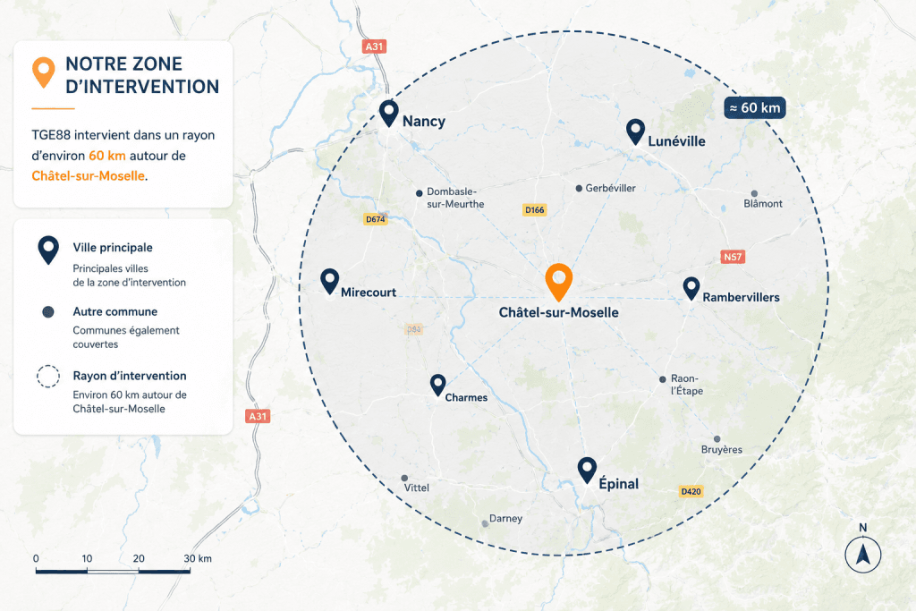 Zone d’intervention TGE88 autour de Châtel-sur-Moselle